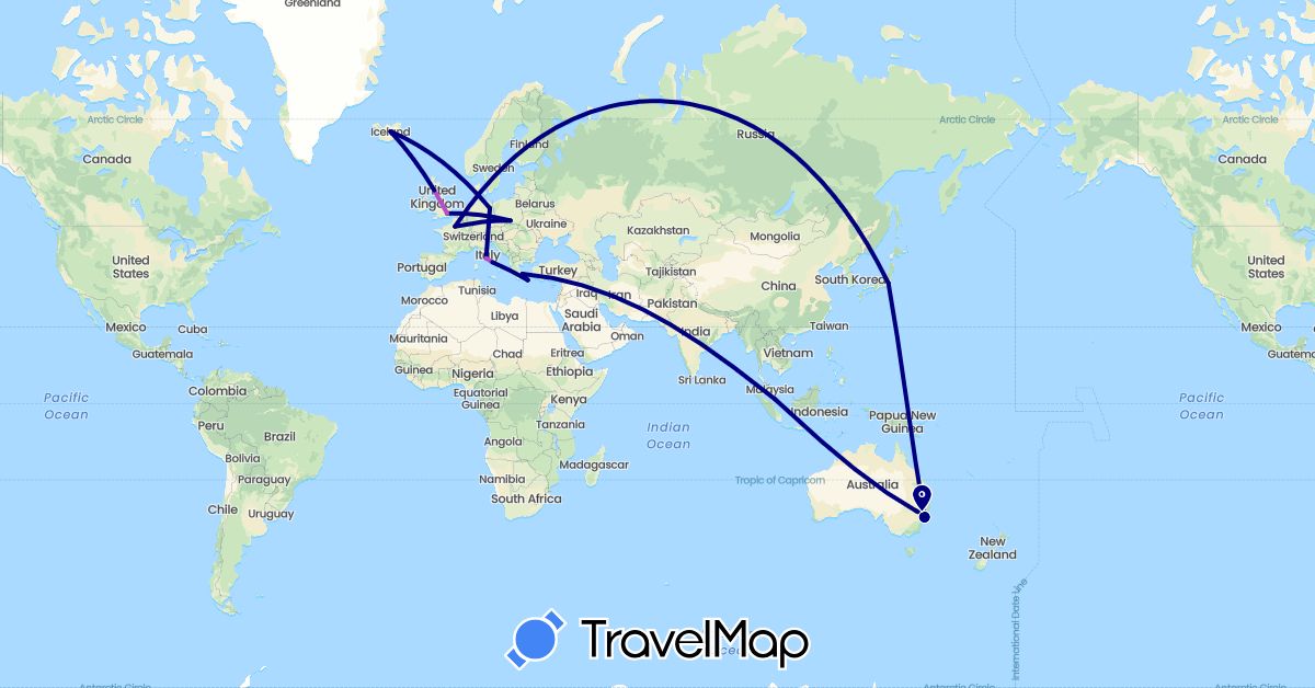TravelMap itinerary: driving, train in Australia, Germany, France, United Kingdom, Greece, Iceland, Italy, Japan, Poland, Singapore (Asia, Europe, Oceania)